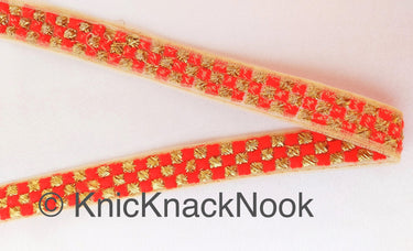 Beige Net Lace Trim With Beautiful Brown / Red And Gold Embroidery, Approx. 20mm wide